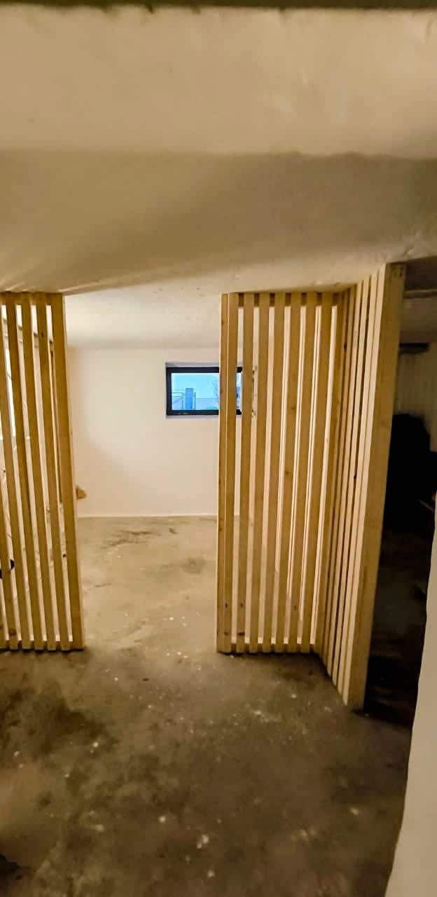Maßgefertigte Holztrennwand mit Tür in einem Keller